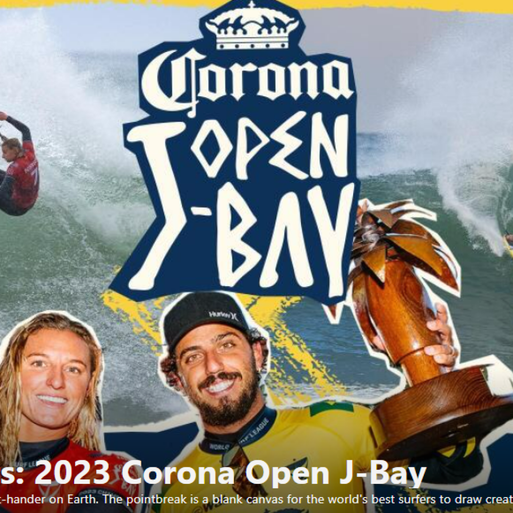 Promotional image for the Corona Open J-Bay surf competition featuring dynamic surfing action, a trophy, and the event logo.