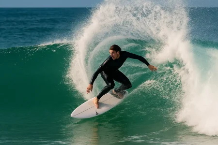 Surfer riding a powerful wave at Supertubes during the Corona Cero Open J-Bay 2025 in Jeffreys Bay