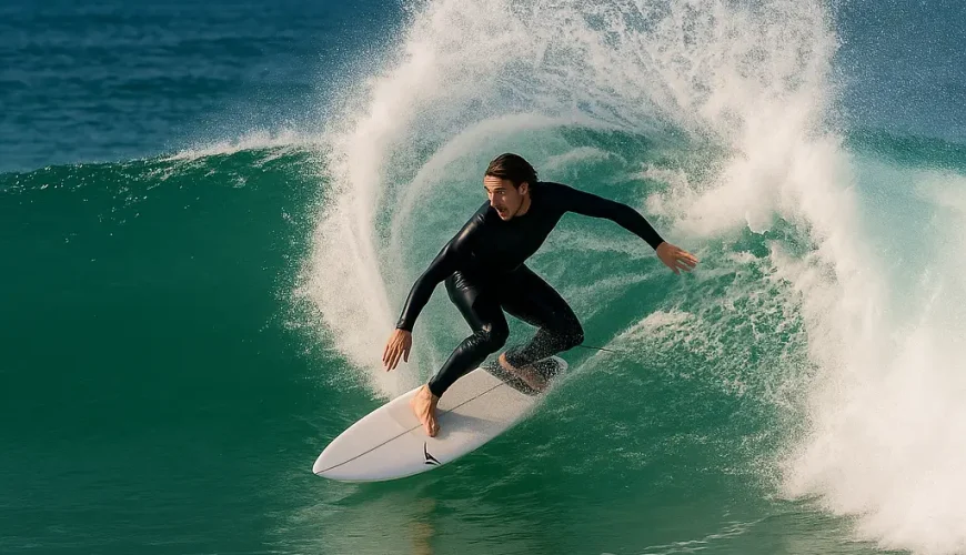 Surfer riding a powerful wave at Supertubes during the Corona Cero Open J-Bay 2025 in Jeffreys Bay