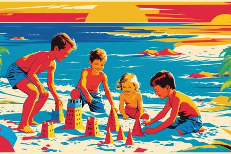 Kids playing on the beach with the sun setting in the background