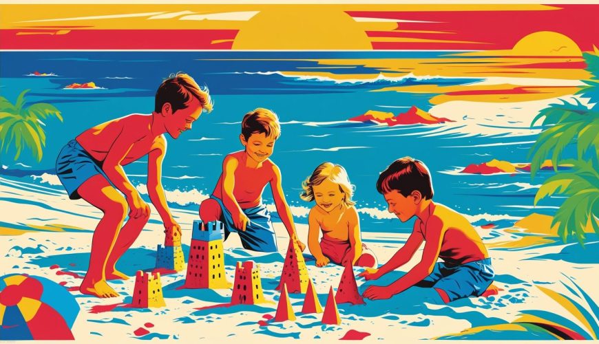 Kids playing on the beach with the sun setting in the background