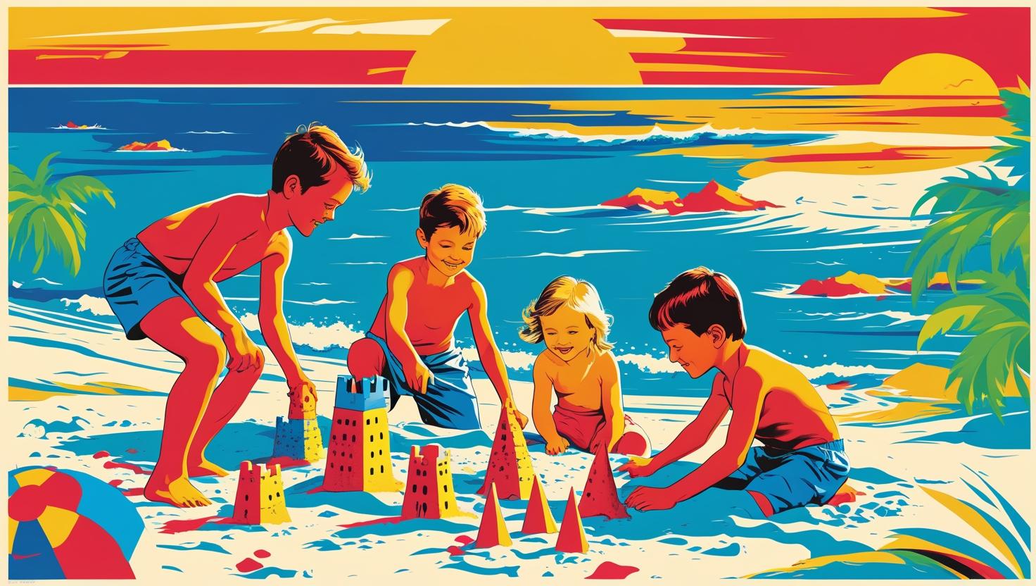 Kids playing on the beach with the sun setting in the background